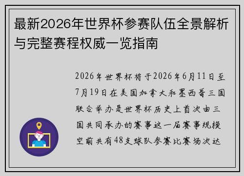 最新2026年世界杯参赛队伍全景解析与完整赛程权威一览指南